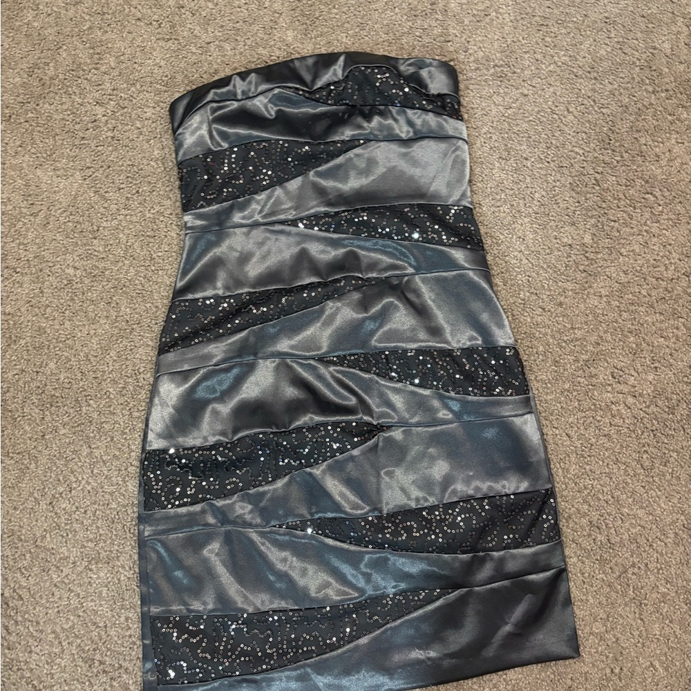 A Byer Silver Strapless Ruched Bodycon Dress